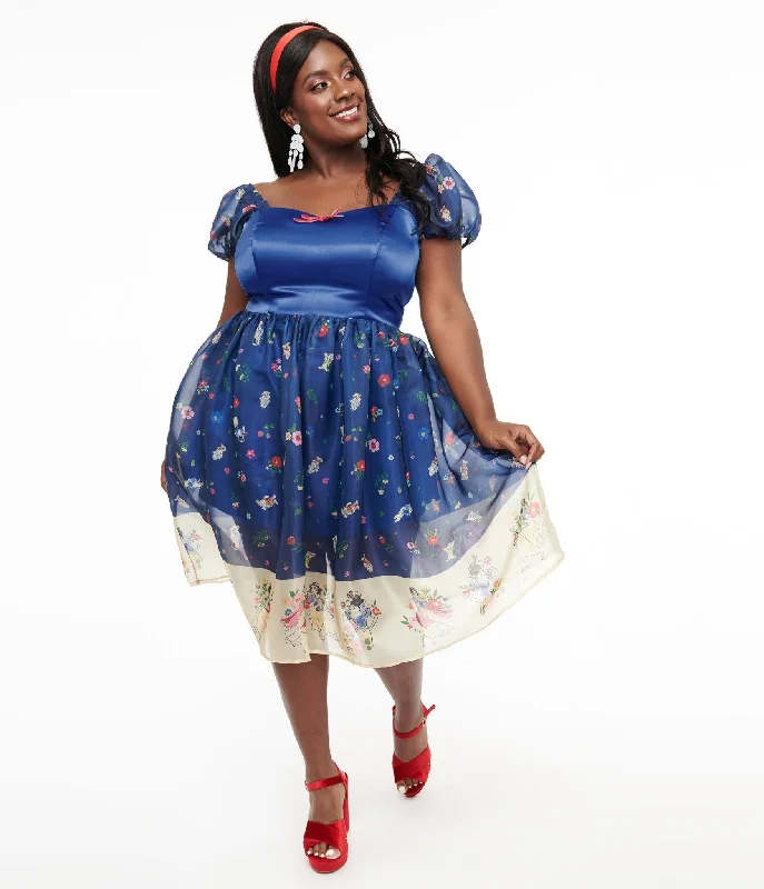  Disney Princess collection by Unique Vintage Plus Size Blue Snow White Print Sweetheart Dress
