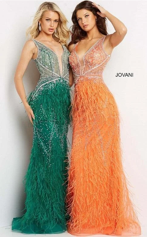 Two - piece wedding dresses with a crop top​ Metallic wedding guest dresses for a glamorous wedding Jovani 03023 Prom Long Sleeveless Feather Dress