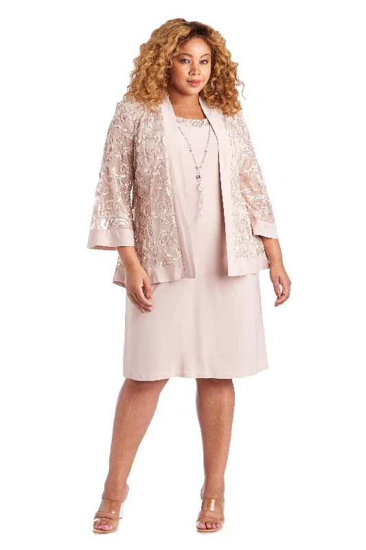 Square - neck wedding dresses with a demure look​ Plaid wedding guest dresses in muted colors for a fall wedding R&M Richards 7077W Short Plus Size Jacket Dress