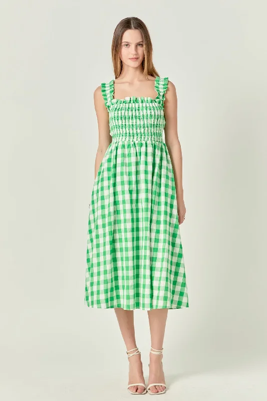 Garden Party Casual Dresses with Floral Motifs​ Check Print Smocked Dress