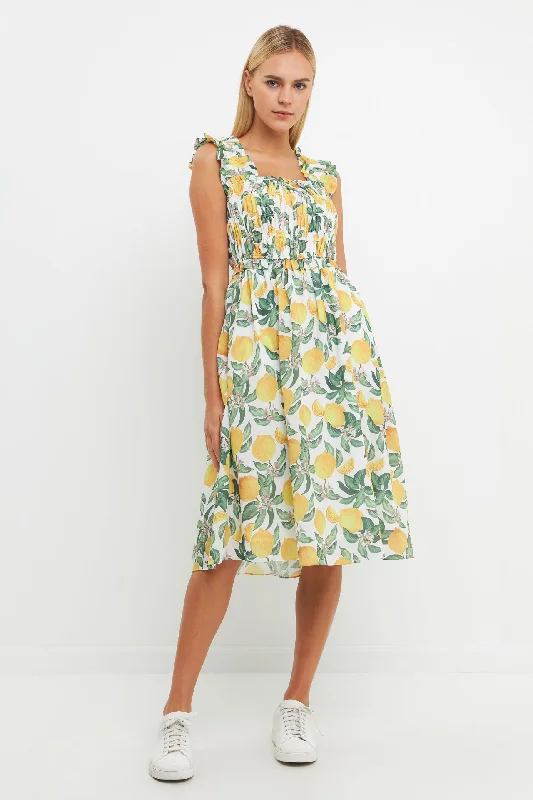 DIY - Inspired Casual Dresses with Customizable Elements​ Lemon Print Smocked Bodice Midi Dress