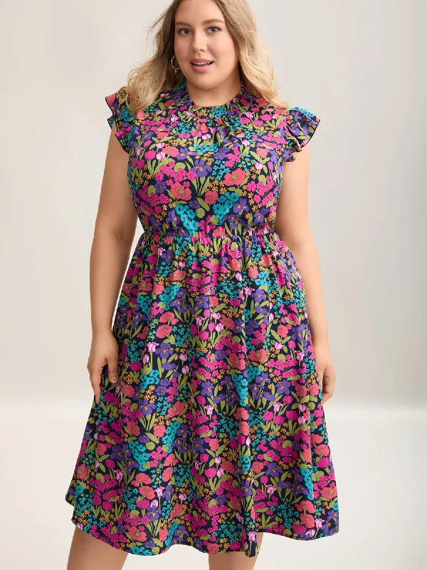  Floral Print Shirred Pockets Midi Dress