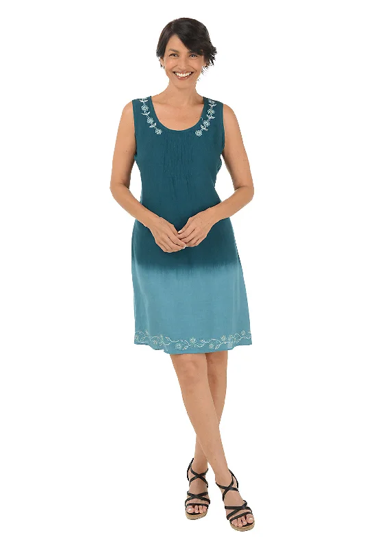 Lace - Trimmed Casual Dresses for a Delicate Touch​ Teal Rhinestone Floral Ombre Sleeveless Dress