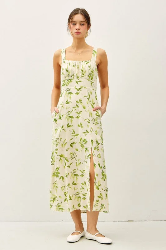Rain - Resistant Casual Dresses for Wet Weather​ Rachel Sleeveless Floral Print Linen Midi Dress Green