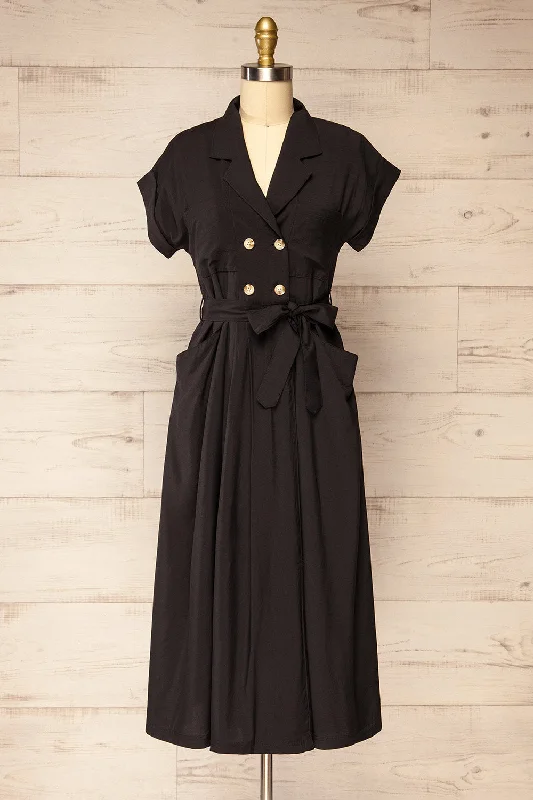 Mini dresses with fringe for a bohemian style Waverly Black | Double-Breasted Dress w/ Tie Belt