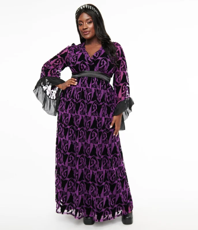 Everyday Sleeveless Dress with Scoop Neck for Summer​ Disney Princess collection by Unique Vintage Plus Size Purple & Black Velvet Burnout Maleficent Print Maxi Dress