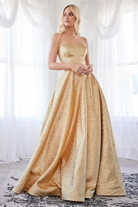 Sheer - panel wedding dresses with a touch of elegance​ Ribbed - texture wedding guest dresses in neutral colors Cinderella Divine CD203 Long Spaghetti Strap Metallic Prom Ball Gown