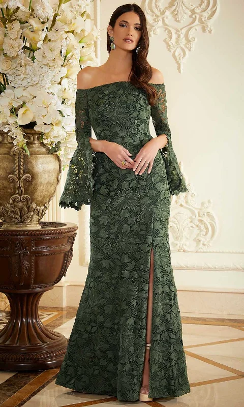 Vintage - themed wedding dresses with pearl accents​ Tea - length wedding guest dresses with polka dot patterns MGNY By Mori Lee 72804 - Bell Sleeve Venice Lace Evening Gown