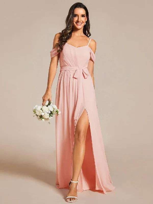 Long - train wedding dresses with a sweep train option​ Wedding guest dresses with abstract prints and long trains Sweetheart Neckline Cold Shoulder Chiffon Bridesmaid Dress