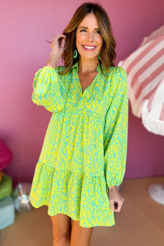 Mini dresses with halter necks for a stylish choice Lime Green Two Tone Abstract Printed Collared Tiered Long Sleeve Dress