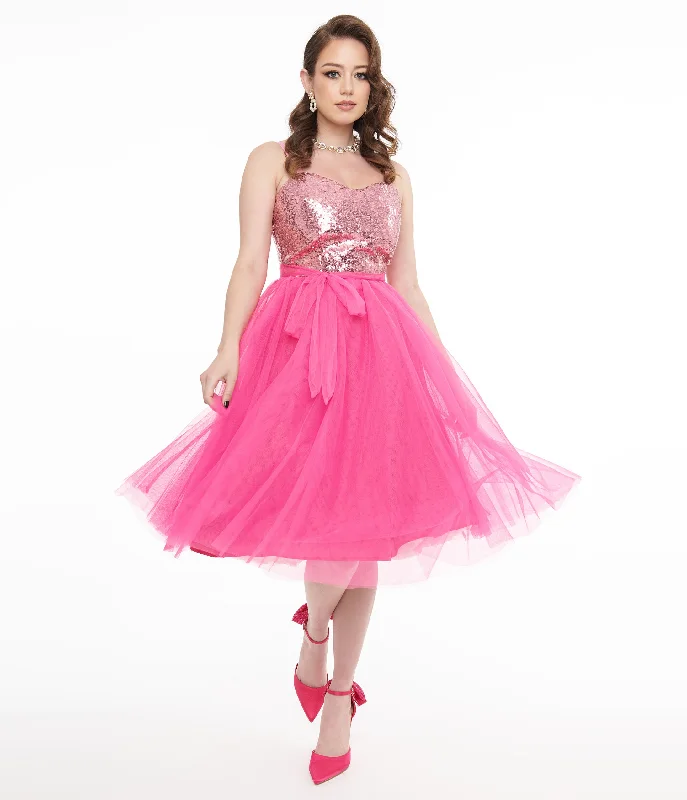  Barbie x Unique Vintage 1980s Pink Sequin Day To Night Swing Dress