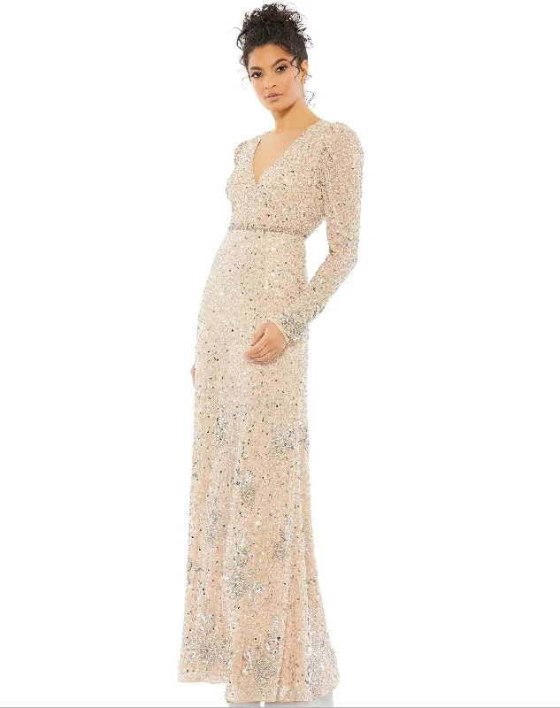 Tulle - over - satin wedding dresses for a soft look​ Wedding guest dresses with mesh panels and empire waists Mac Duggal 10769 Formal Long Sleeve Evening Dress