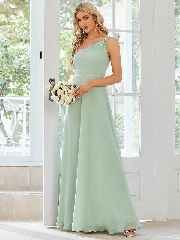 Wedding dresses with a sweetheart - neck and a corseted back​ Wedding guest dresses with gathered skirts and V - necklines Flowy Chiffon One-Shoulder with Three Straps Bridesmaid Dress