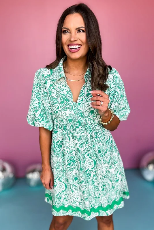 Mini dresses with button - down fronts Green Paisley Printed Two Tone Ric Rac Bubble Short Sleeve Dress