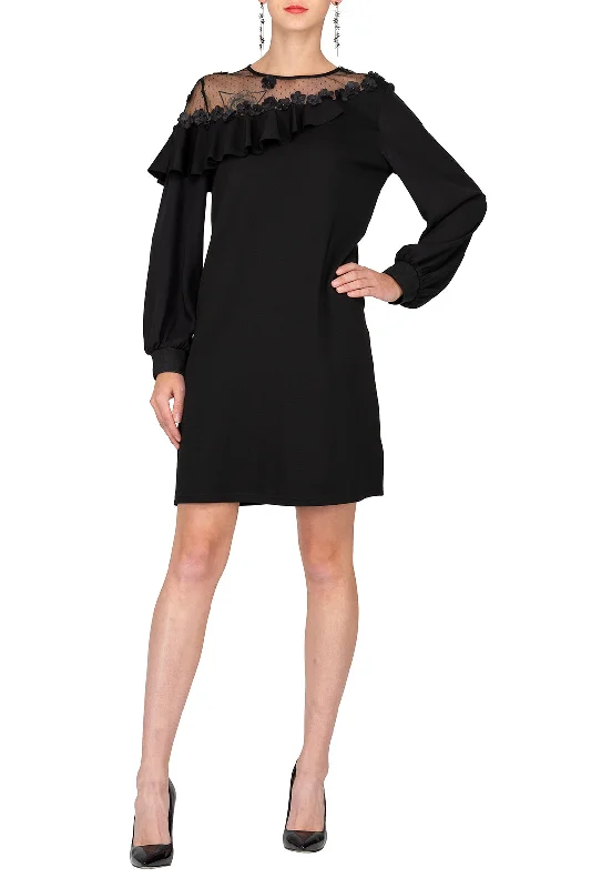 Everyday Dress with Tie - dye Print for a Retro Look​ SCANDINAVIA-Long Sleeve Ruffle Accent Patchwork Shift Dress