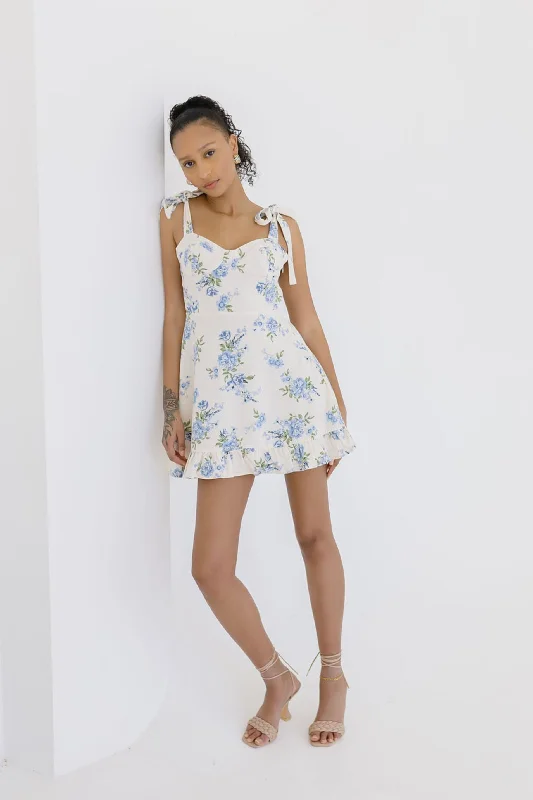 Cotton - Linen Blend Casual Dresses​ Aimee Sleeveless Shoulder Tie Floral Print Mini Dress Ivory