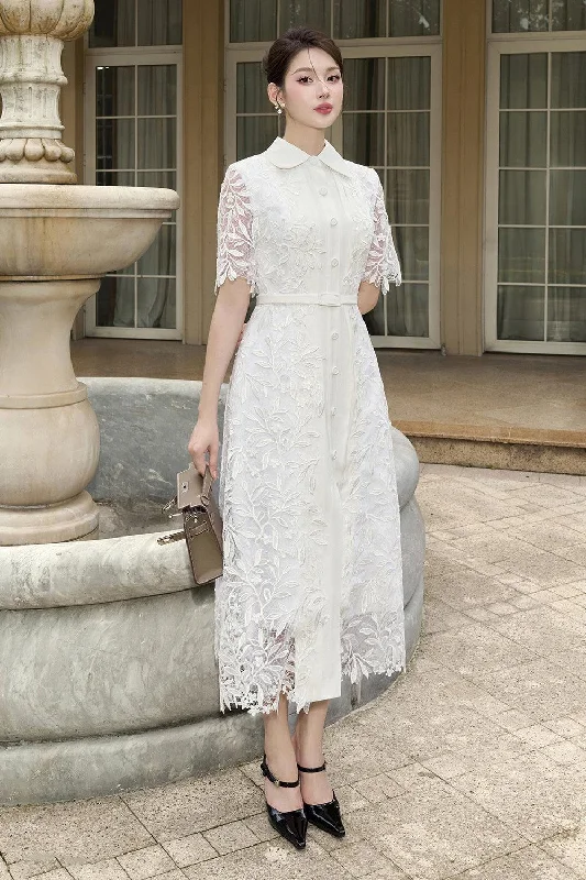 Midi dresses with halter necks for a stylish and comfortable option Muses A-line Short Sleeved Lace Midi Dress