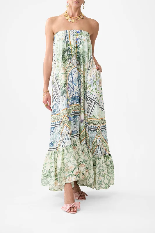 Midi dresses with ruched bodices for a feminine and fitted feel STRAPLESS MAXI WITH RUFFLE HEM JARDIM PARTY Midi dresses with ruched bodices for a feminine and fitted feel STRAPLESS MAXI WITH RUFFLE HEM JARDIM PARTY