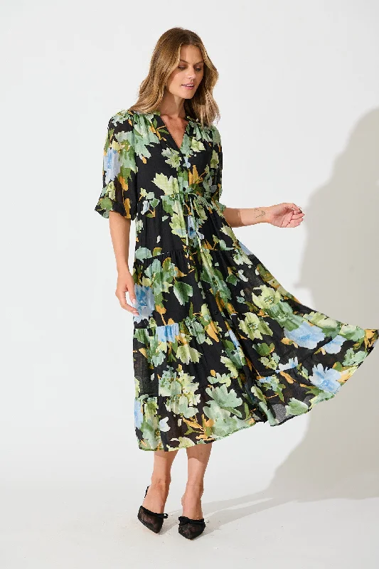 Midi dresses with keyhole backs for a flirty and unexpected detail Sheer Bliss Midi Dress in Multi Black Floral
