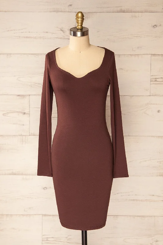 Mini dresses with V - necklines for a flattering shape Lorient Brown | Long Sleeve Short Fitted Dress