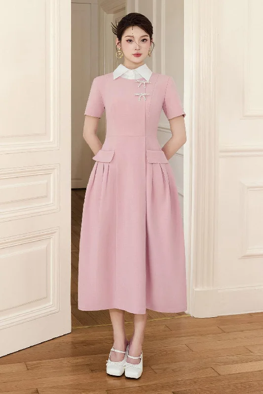 Midi dresses with printed lining for a hidden and stylish detail Aimi A-line Collared Neck Linen Cotton Midi Dress