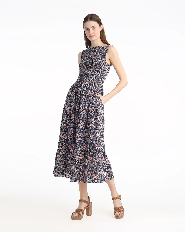 Midi dresses with fringe details for a fun and energetic style Wren Sleeveless Smocked Midi Dress in Twilight Vines