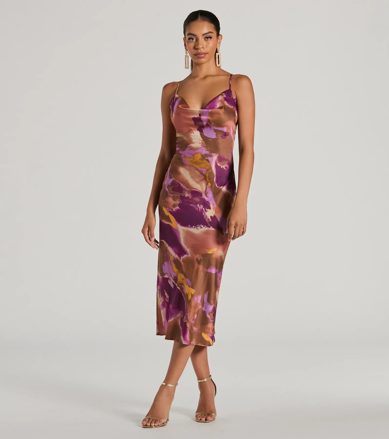 Midi dresses with tiered skirts for a bohemian festival look Always Impress Cowl Neck Tie-Dye Satin Midi Dress