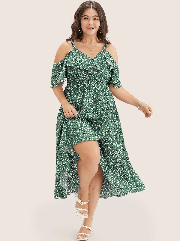  Ditsy Floral Pocket Wrap Cold Shoulder Ruffle Dress