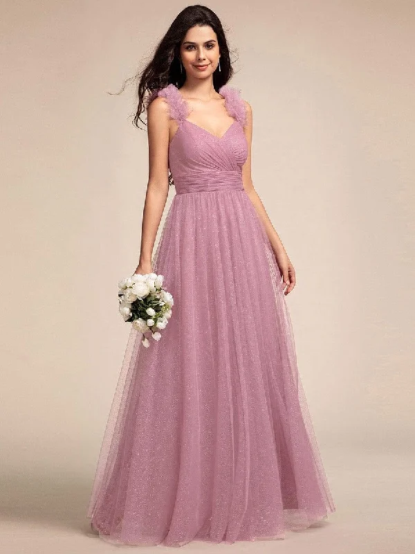 Wedding dresses with a mermaid - style skirt and a ball gown overlay​ Wedding guest dresses with puff sleeves and knee - length hems Embellished Shoulders Pleated Tulle Glitter Bridesmaid Dress