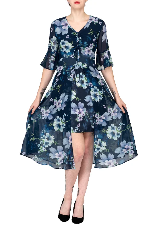 Everyday Short - sleeved Dress with Puffed Sleeves for a Retro Look​ TWO PEARS-Flowy Print Dress with Drawstring