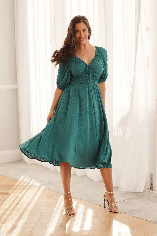Midi dresses with ruffled bodices for a more pronounced feminine look Darling Cove Midi Dress In Teal