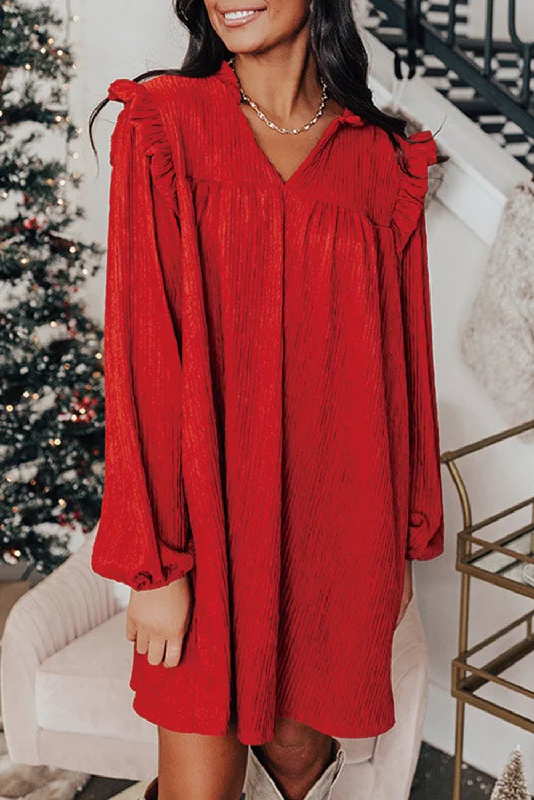Mini dresses with criss - cross backs for a flirty look Fiery Red Textured Ruffled Trim V Neck Loose Fit Mini Dress