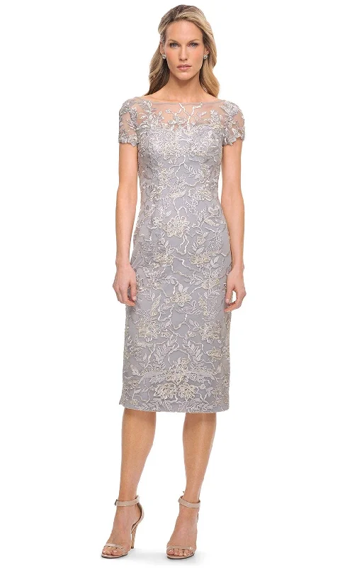 Vintage - themed wedding dresses with pearl accents​ Tea - length wedding guest dresses with polka dot patterns La Femme 30108 - Embroidered Illusion Bateau Dress