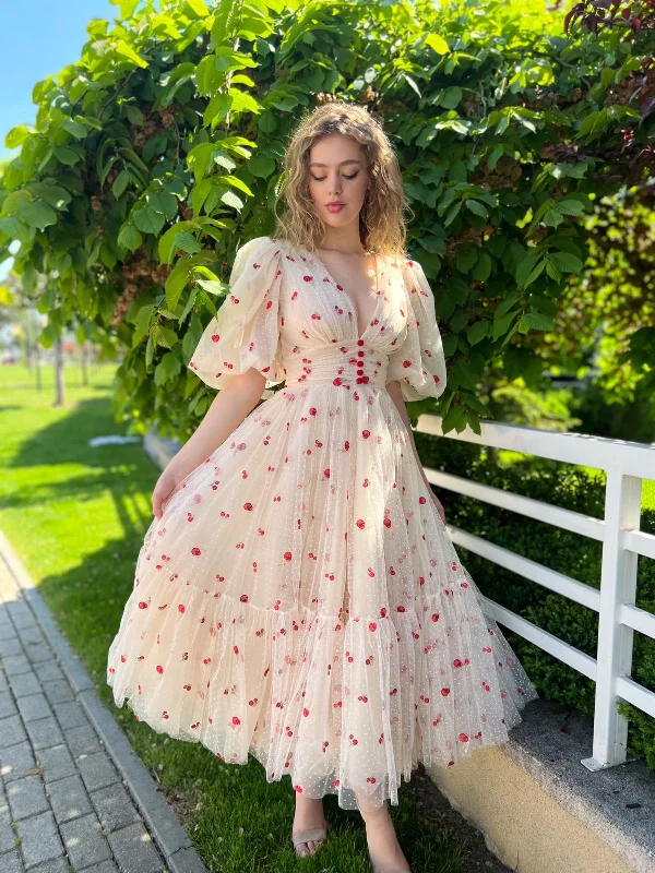 Floral print mini dresses for summer parties Cream Cherry Midi Dress