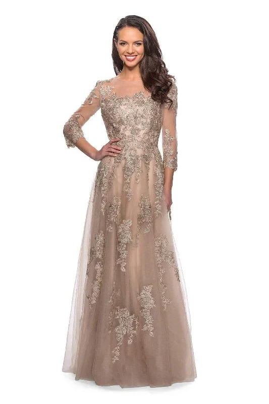 Wedding dresses with a dropped waist for a retro style​ Animal - print wedding guest dresses in subtle colors for a bold statement La Femme - 27733 Quarter Sleeve Floral Embroidered Lace A-Line Gown