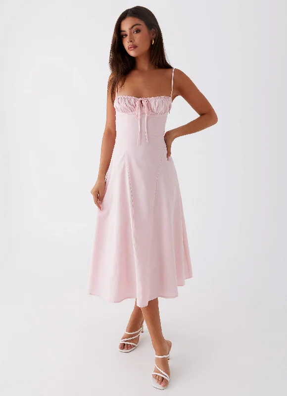 Everyday Dress with Embroidered Patches for a Bohemian Look​ Thoughts Of You Midi Dress - Pink