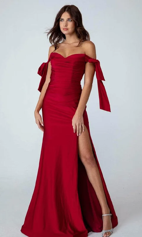 Plus - size wedding dresses with a flattering fit​ Wedding guest dresses with keyhole backs and flowing fabrics Eureka Fashion 9181 - Off-Shoulder Ruched Bodice Evening Dress