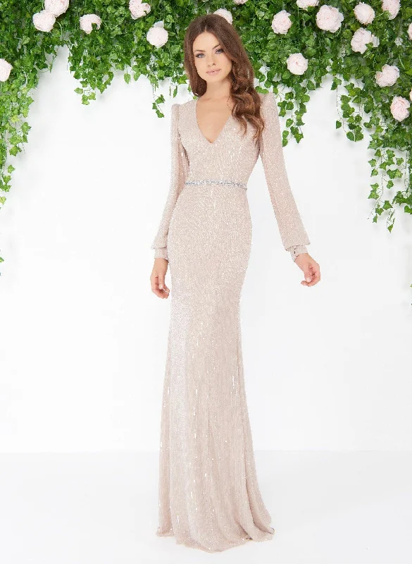 Maternity dress for a baby's first visit to the community garden Mac Duggal 4610 Long Sleeve Sequins Formal Dress