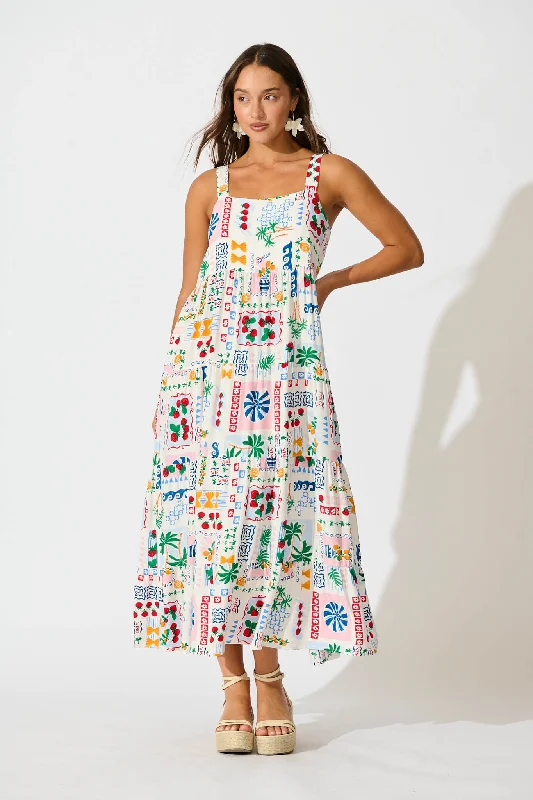 Everyday Dress with Square Neck for a Modern Style​ Jolie Maxi Sundress In White Multi Print