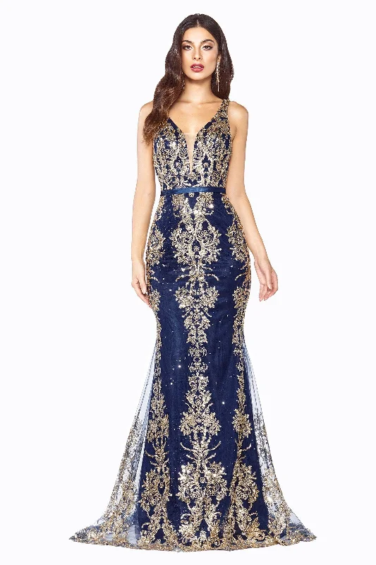 Trumpet - style wedding dresses with a train​ Long - sleeved wedding guest dresses in velvet for a winter wedding Cinderella Divine J786 Long Formal Glitter Print Mermaid Prom Dress