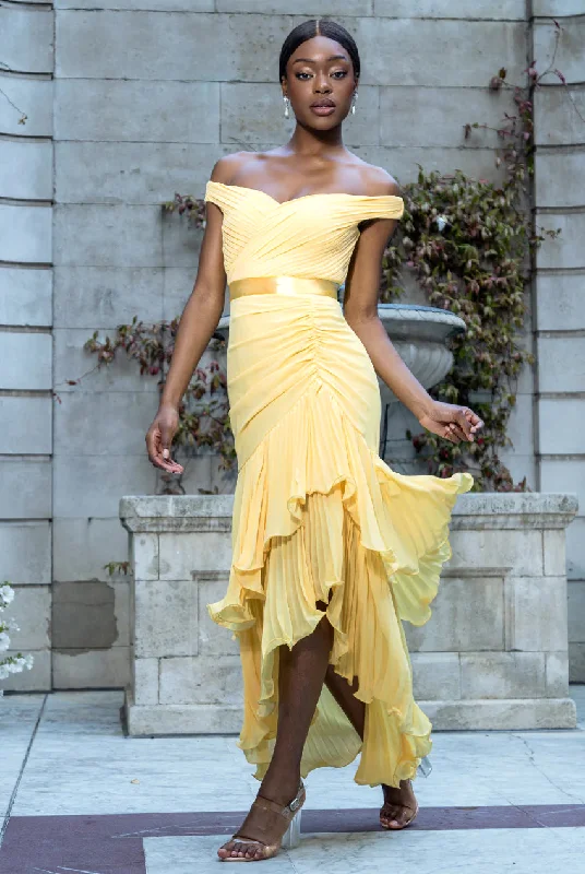 Midi dresses with ribbed textures for a unique and tactile appearance Goddiva Pleated Bardot High Low Tier Chiffon Midaxi Dress - Lemon