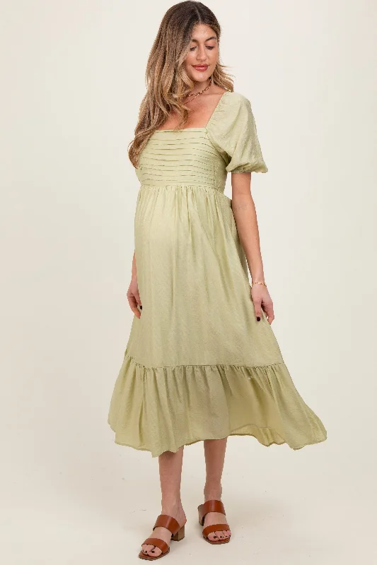Maternity dress for a baby's first bus ride Mint Pleated Bodice Puff Sleeve Maternity Midi Dress