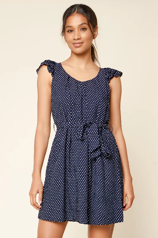 Mini dresses with belted waists for a defined silhouette Early To Rise Polka Dot Ruffled Mini Dress