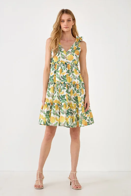 Geometric - Patterned Casual Dresses for a Modern Style​ Lemon Print Tiered Mini Dress