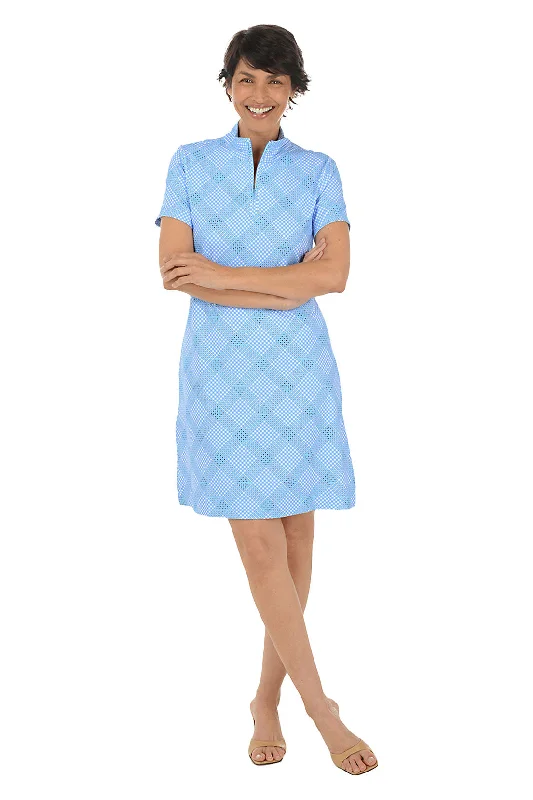 Work - from - Home Casual Dresses for Comfort and Style​ Diagonal Gingham UPF50+ Short Sleeve Zip Dress
