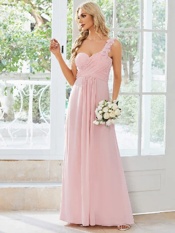 Modern minimalist wedding dresses with clean lines​ Printed wedding guest dresses with tropical motifs for beach weddings ever JAYLEEN|Sweet Pleated Bodice One Shoulder Chiffon Bridesmaid Dress