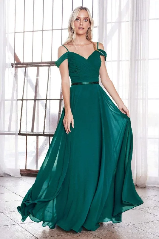 Wedding dresses with a mermaid - style skirt and a ball gown overlay​ Wedding guest dresses with puff sleeves and knee - length hems Cinderella Divine - CD0156 Off Shoulder Pleated Bodice Chiffon Dress