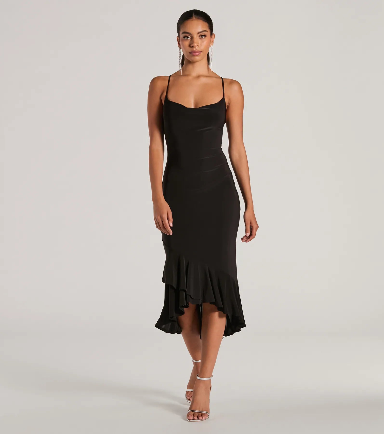 Midi dresses with pom - pom trims for a playful and festive look Secret Weapon Cowl Neck Bodycon Ruffle Midi Dress
