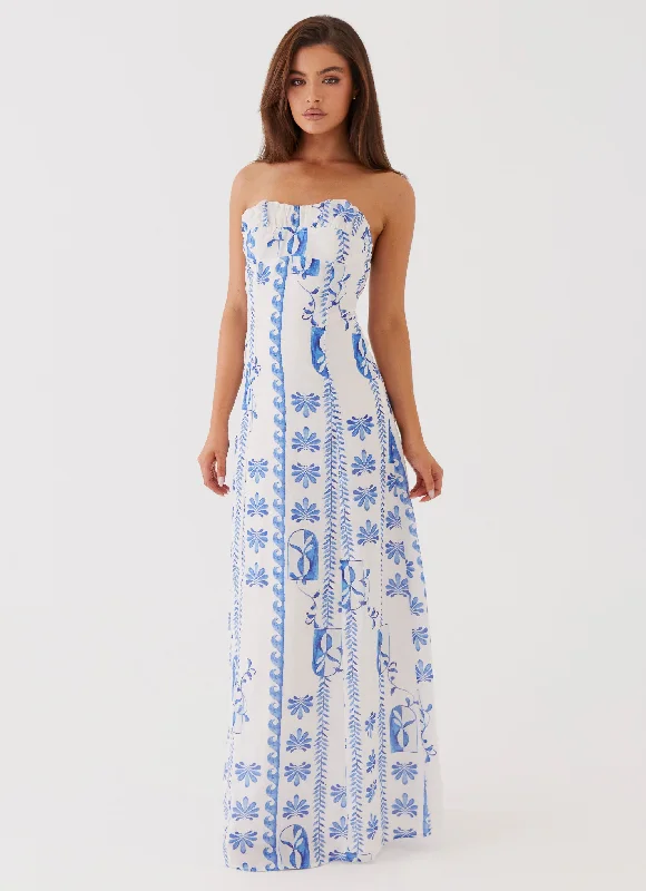 Everyday Dress with Patchwork Design for a Bohemian - inspired Look​ Tayla Linen Maxi Dress - Floral Wave