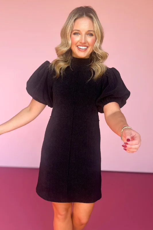 Mini dresses with abstract prints for an artistic look THML Black Puff Sleeve Mock Neck Corduroy Dress
